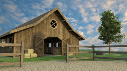 Wooden stable building with open door at a ranch or riding school. 3D render.