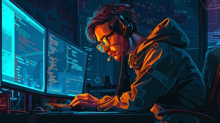 Character illustration of a tech professional working on coding interfaces and software applications