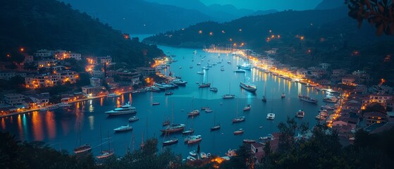 Romantic ambiance fills the night view of Kas town harbor in Turkey with illuminated boats on a...