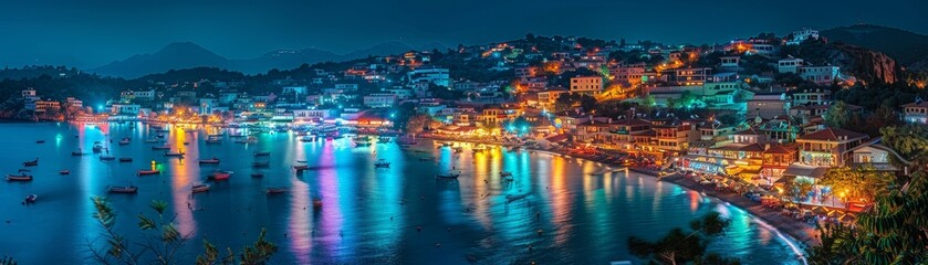 Obraz premium Nighttime view of Kas, Turkey, glowing streets and lively nightlife, seen from a rooftop angle