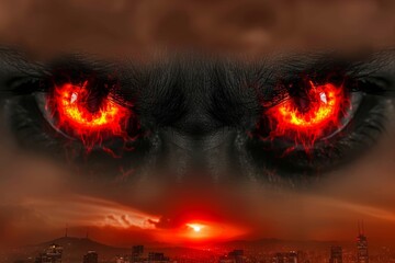 Surreal image of fiery eyes over a cityscape with a dramatic sunset, evoking themes of fantasy, mystery, and power.