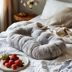 A cozy grey backrest support pillow on a white bedspread, with a plate of fresh strawberries.