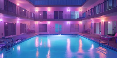 
A cinematic still of an 80s retro neon purple and blue motel with pool
