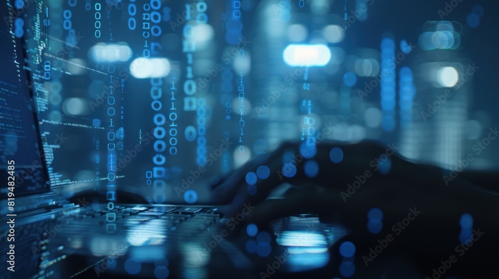 Poster hands typing on computer keyboard, with abstract code, online cyber attack, hack, threats and breach