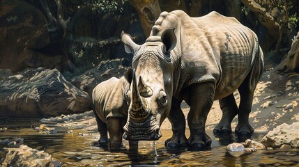 Fototapeta premium Eyecatching View of a rhinoceros in its habitat on safari in Okavanga Delta Botswana