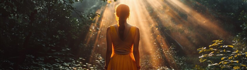 A Sikh woman is praying in a tranquil forest, with sunbeams filtering through the trees, creating a serene mood