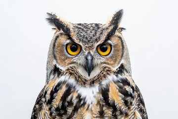 Obraz premium Realistic photograph of a complete Owls,solid stark white background, focused lighting