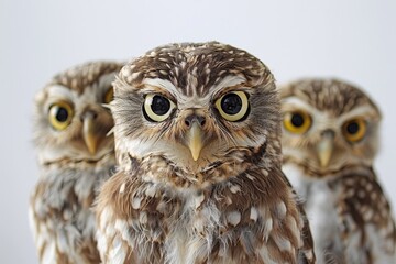 Obraz premium Realistic photograph of a complete Owls,solid stark white background, focused lighting