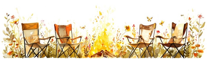 A painting of four chairs and a fire pit with a banner behind them, watercolor illustrations , summer activitie, Camping in the woods.