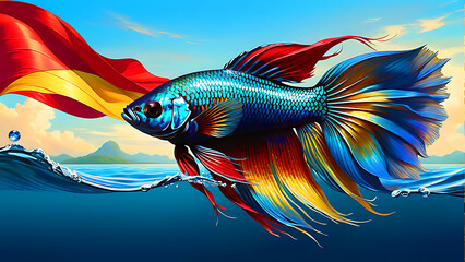 Fototapeta premium Betta fish swimming inside a large glass jar with broad green leaves.