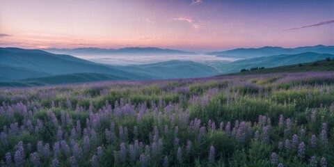 Obraz premium Very early morning in the mountains with blooming lilac flowers