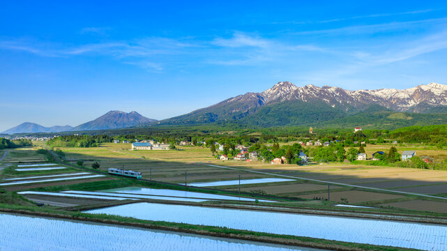 妙高山を背景に走るえちごトキめき鉄道