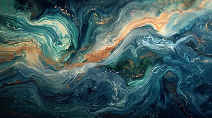 The image is an abstract painting with a blue and green color scheme. The painting has a marbled texture.