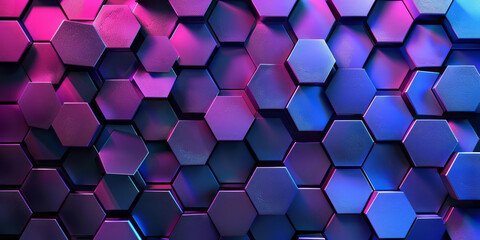 An abstract background presents blue and purple hexagons, forming a colorful geometric honeycomb texture.