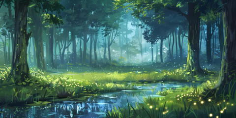 A serene forest scene features tall trees, lush green grass and water in the foreground, with the ground covered in small puddles of rainwater reflecting light from above.