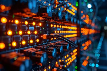 Intricate Web of Fiber Optic Cables Transmitting Data Signals 