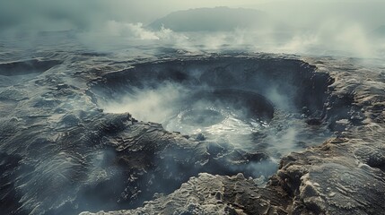 Fototapeta premium Ethereal Geothermal Landscape with Swirling Mist Enveloping a Bubbling Mud Pool,Showcasing the Earth's Primal Energy in a Serene and Mystical Setting