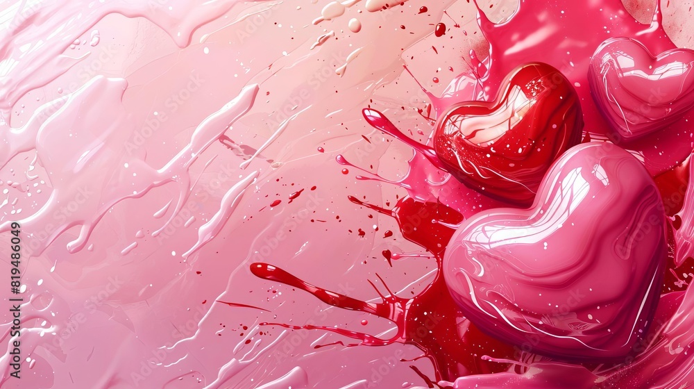 Poster modern valentines day vector with abstract heart shapes and dynamic splashes of pink and red paint