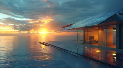 Futuristic Solar-Powered Smart Home with Rooftop Panels Reflecting Sunset Over Ocean