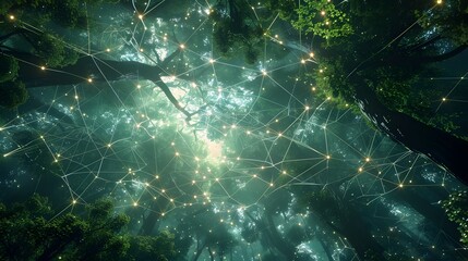 Obraz premium Mesmerizing Microgrid Hovering Above Lush Forest Canopy in Harmonious Balance of Nature and Innovation
