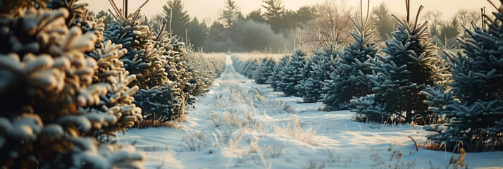 A snow-covered Christmas tree farm features rows of evergreen trees stretching into the distance, with the cut-down trees standing tall with white decorations.