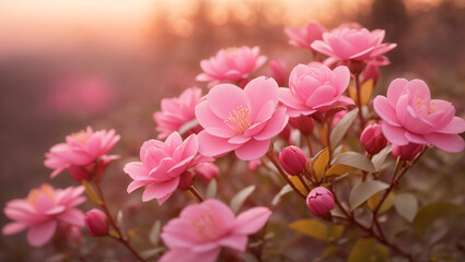 A close-up of a cluster of pink roses in full bloom with the sun's warm glow.

