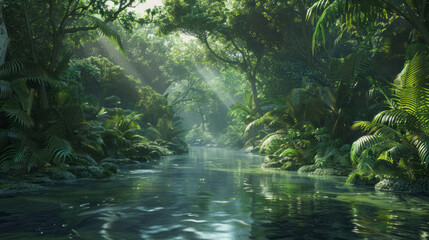 A river runs through a beautiful jungle scene. - Powered by Adobe