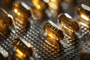 Pills in their packaging in closeup, showing detailed texture and color, with focus on one pill with its transparent film on top, illuminated by soft light.