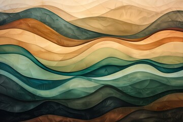 An abstract representation of the landscape uses flowing lines and layers in earth tones, with shades of brown, green, beige, and teal to depict hills and valleys.