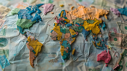 A colorful world map displayed on crumpled paper, surrounded by various international currency notes, symbolizing global finance