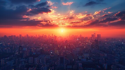 Fototapeta premium A cityscape bathed in the warm glow of the sun, representing the potential for sustainable urban development and a harmonious coexistence between humans and nature..illustration graphic