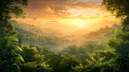 Breathtaking Panoramic View of a Lush,Carbon-Neutral Forest at Sunset with Vibrant Greens and Golden Hues