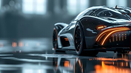 Captivating Macro Shot of Sleek,Futuristic Electric Car's Carbon Fiber Body in Dimly Lit Studio