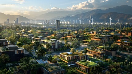 Obraz premium Thriving Metropolis of Sustainable Innovation:A Aerial View of a Cutting-Edge Smart City