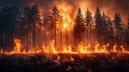 A forest on fire gradually being extinguished, symbolizing the effectiveness of fire prevention and management strategies in protecting ecosystems..illustration graphic