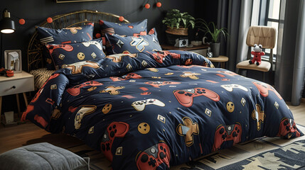 Gaming-themed bedding featuring controllers and console logos.
