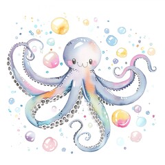 A cute watercolor illustration of an octopus, with a friendly smile on its face, surrounded by colorful bubbles. The octopus has a rainbow-colored body and white spots.