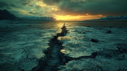 A barren landscape with a single crack in the earth, symbolizing the potential for new life to...