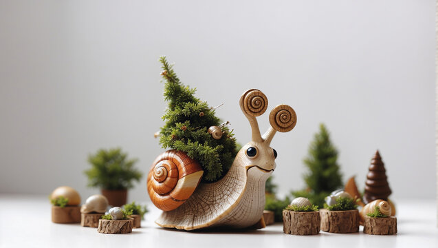 A wooden snail with a tree and 4 birds on its back, and a smaller snail next to it.

