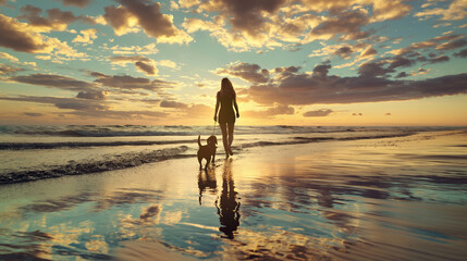 Girl walking her puppy on a beach at sunset, Silhouettes against the colorful sky