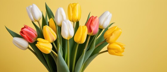 yellow and white tulips on yellow background with space for text