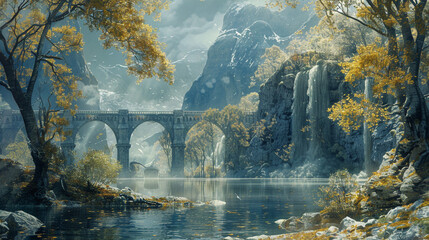 Walls painted with a mural of an epic fantasy landscape.