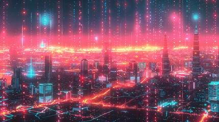 Fototapeta premium A vibrant digital art piece depicting a neon-lit futuristic city under a starry sky with dazzling meteor showers illuminating the skyline