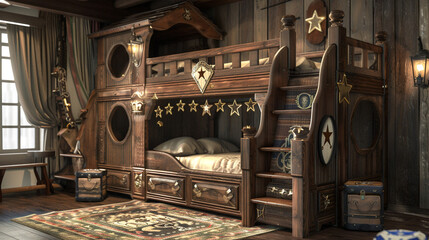 Wild West cowboy bunk beds with sheriff badge accents.