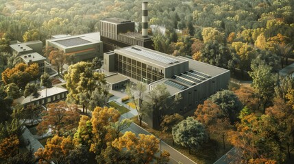 An innovative power plant set amidst vibrant trees, showcasing green industry and eco power. The design reflects a commitment to sustainable energy and environmental preservation with