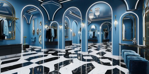 A large dressing room with black and white marble floor tiles in an arched shape, blue velvet on hangers hanging from tall arched walls, mirrors reflecting the scene, - Powered by Adobe