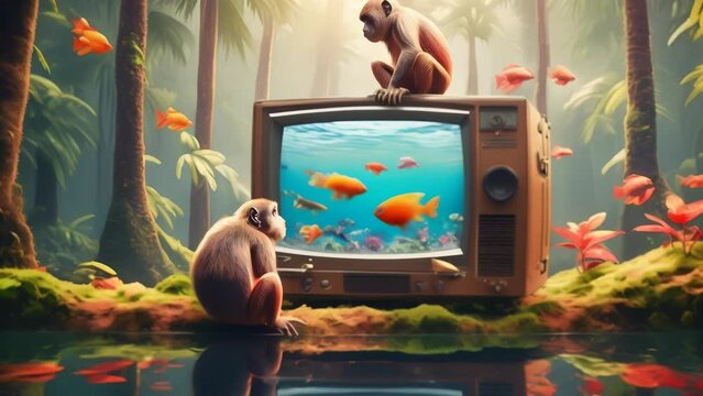Monkeys curiously watching fish swim on an old television set placed in a lush jungle. The surreal scene blends elements of wildlife with technology, creating a whimsical and thought-provoking image. 