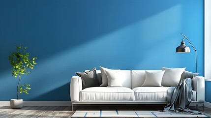 Modern living room with  white sofa and empty blue wall texture background interior design, 3D rendering.
