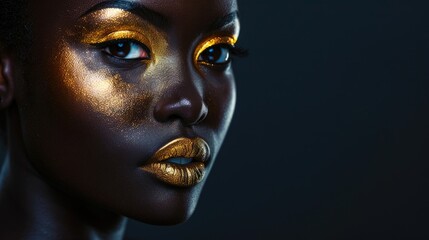 Striking Portrait of Woman with Gold Makeup Highlighting Dark Complexion on Black Background