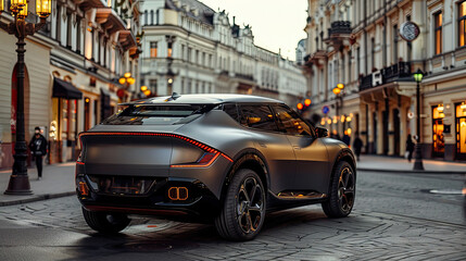 Futuristic Electric SUV in Modern European City Street, Evening Light